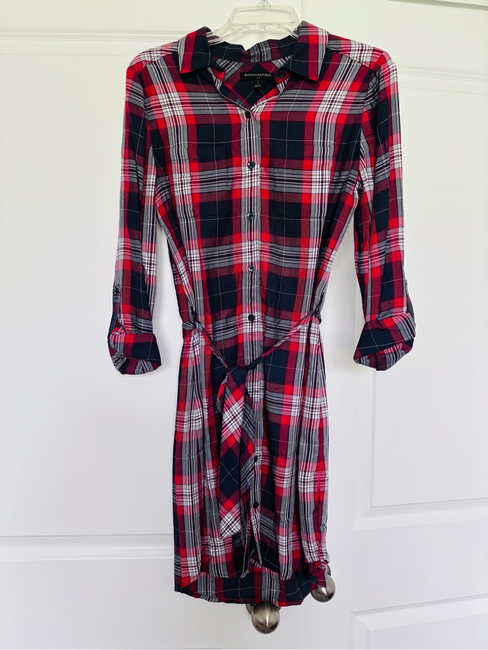 Banana Republic Red, Navy, & White Plaid Midi Shirt Dress